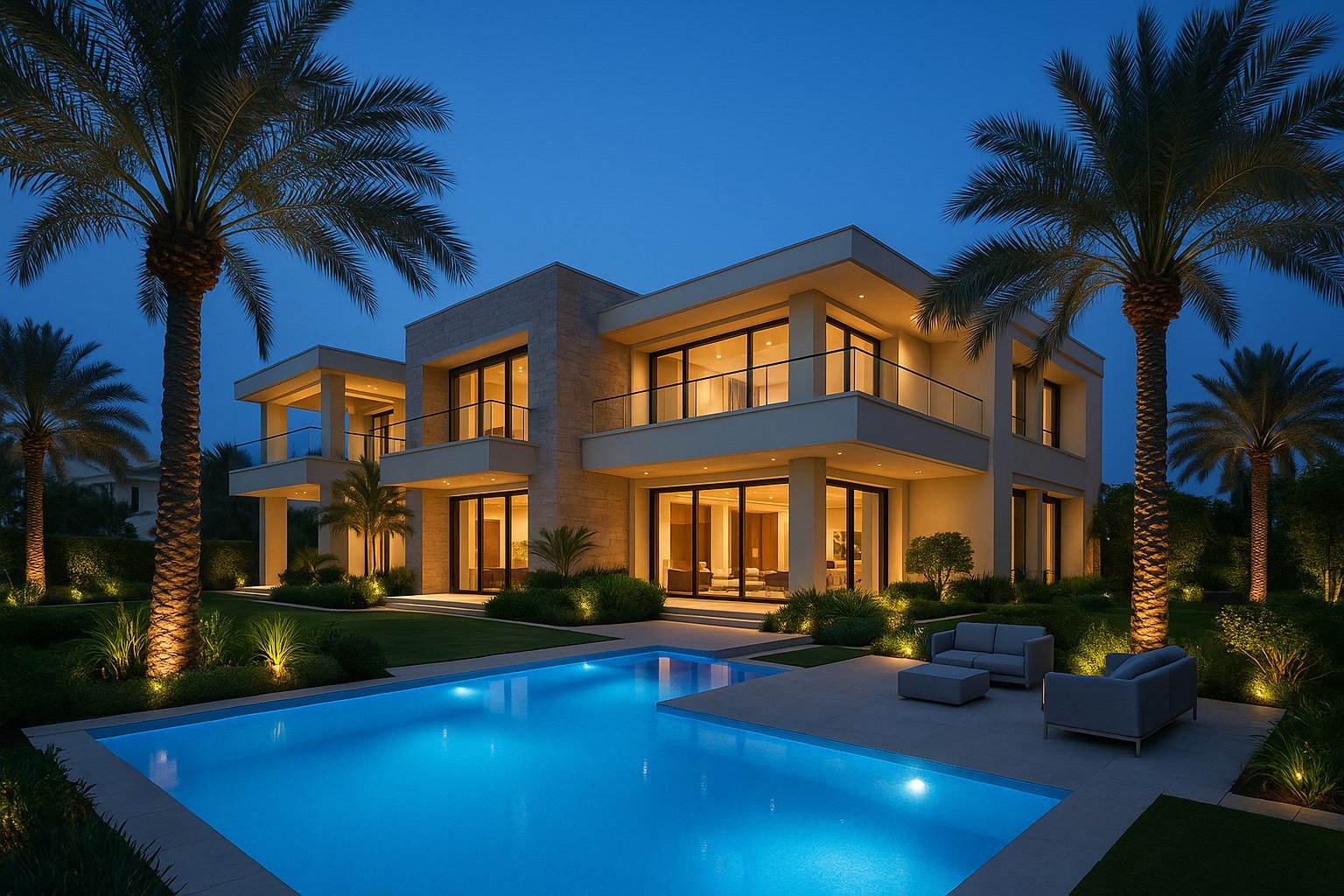 Landscaped garden and pool of a 7-bedroom villa on Palm Jumeirah, Dubai