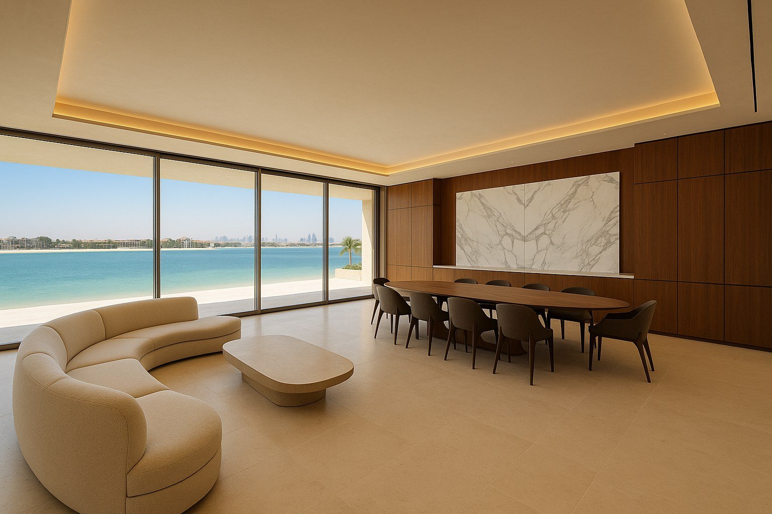 Living and dining space of a 5-bedroom villa on Palm Jumeirah, Dubai